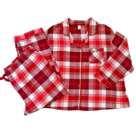 NWOT PJ Set Boxy Plaid Flannel Oversized Cozy Comfy Red Cream Plus Size 3x - Picture 3 of 9